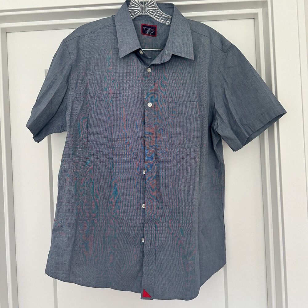 Untuckit Men’s Cotton Shirt Short Sleeve Slim Fit Blue/White Size L